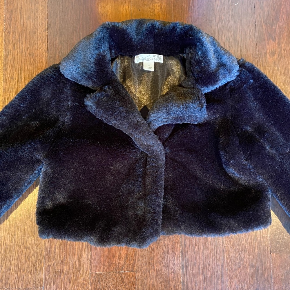 EUC Girl’s Knitworks Black Faux Fur Cropped Jacket. Gorgeous! Size: Girl’s 7.